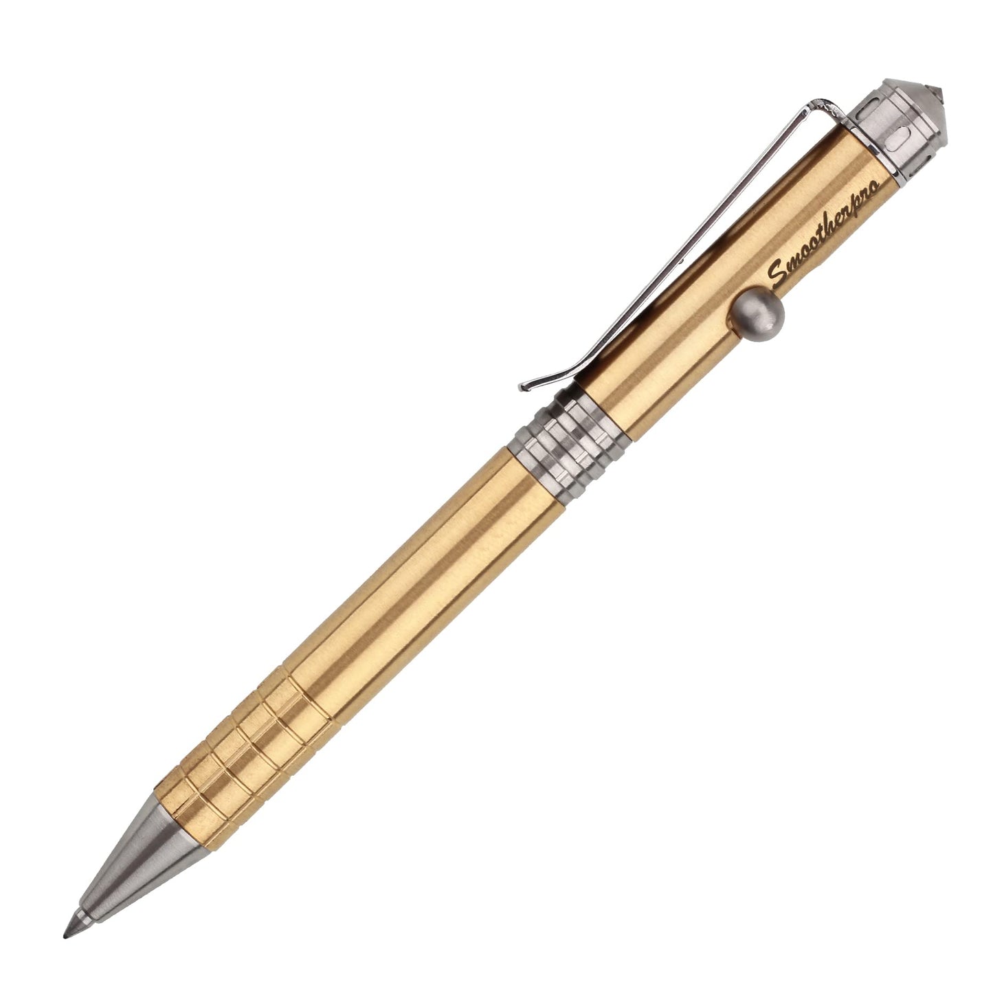 SMOOTHERPRO Solid Brass Bolt Action Pen Shorty Size Compatible with Parker Refill Stainless Steel Clip Medium Weight for Tremor Parkinson Arthritic Signature and Gift (SPR138)