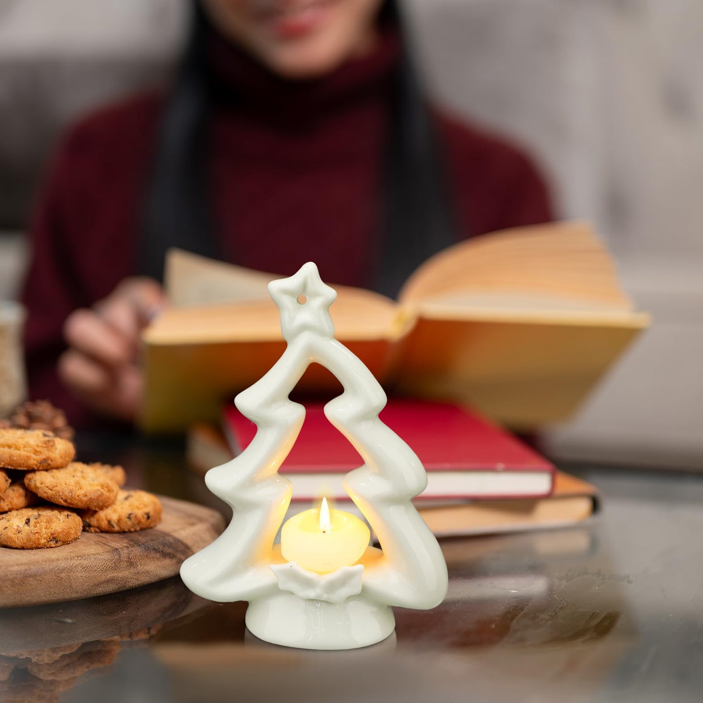 Pinkunn 2 Pcs Christmas Tree Candle Holders White Ceramic Christmas Tealight Votive Candles Holders Farmhouse Rustic Xmas Candlestick for Xmas Table Centerpiece Home Mantel Fireplace Decor