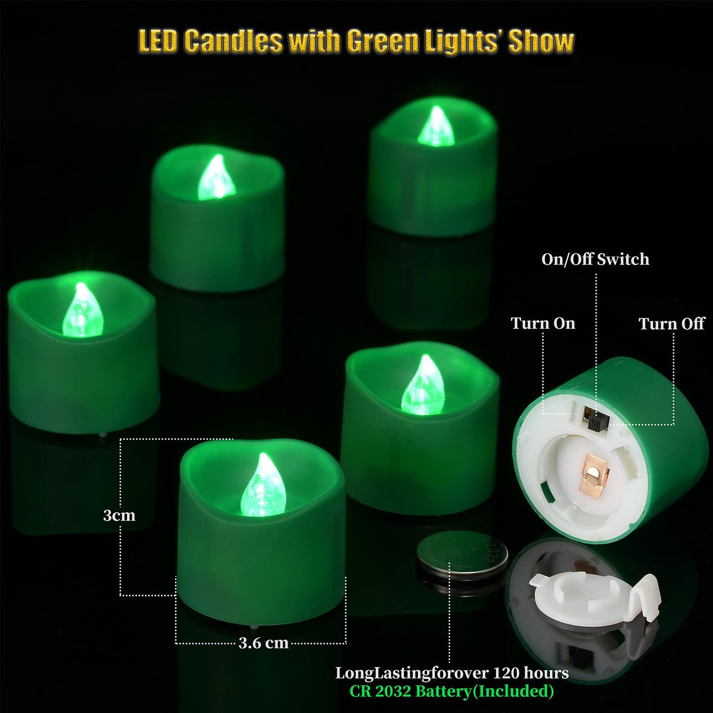 PChero 12pcs Green LED Tea Lights with Timer, Flickering Flameless Tealights Battery Operated Long Lasting Fake Candles for Wedding, Party, Christmas, Halloween and Festival Celebration