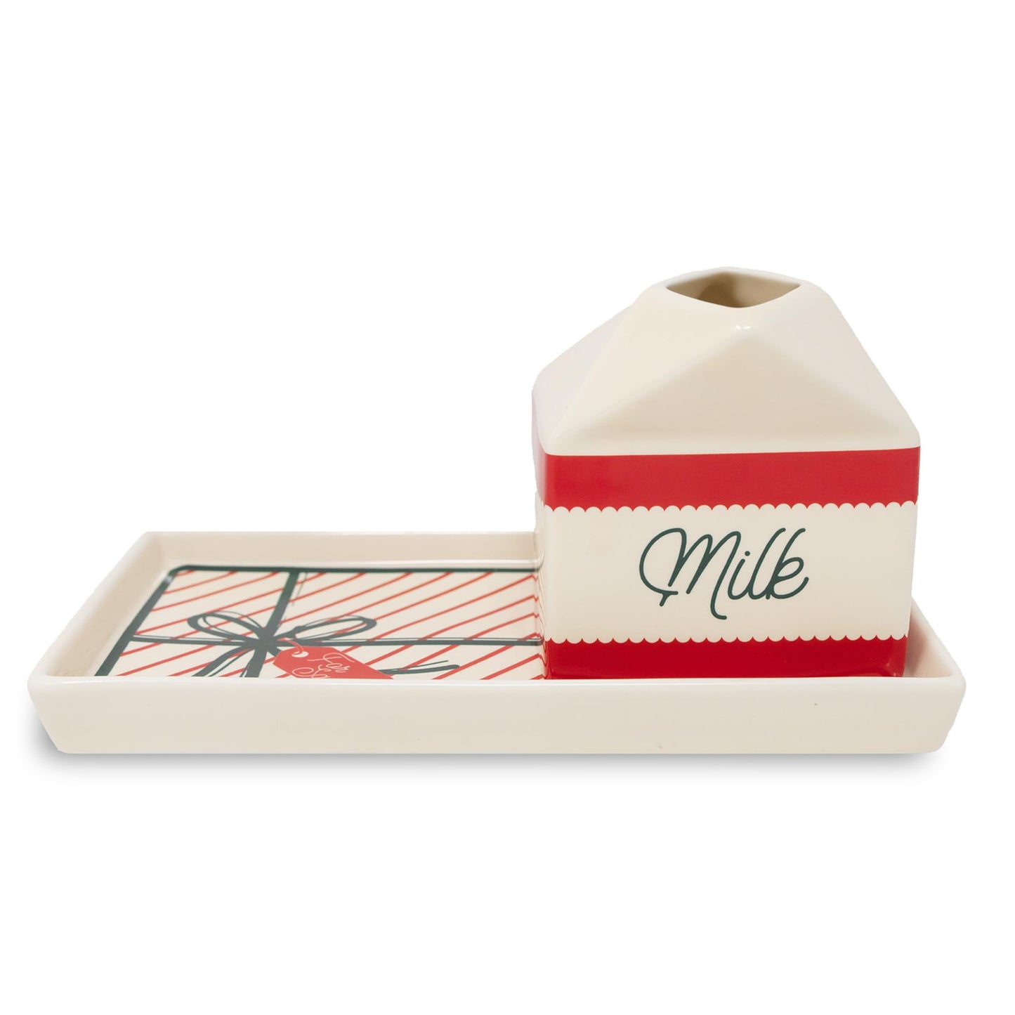 Steel Mill & Co Ceramic Milk & Cookies for Santa Set, 2-Piece Christmas Eve Tray & Milk Jug Gift Box Design, Holiday Tableware Set for Festive Christmas Décor (Bow)