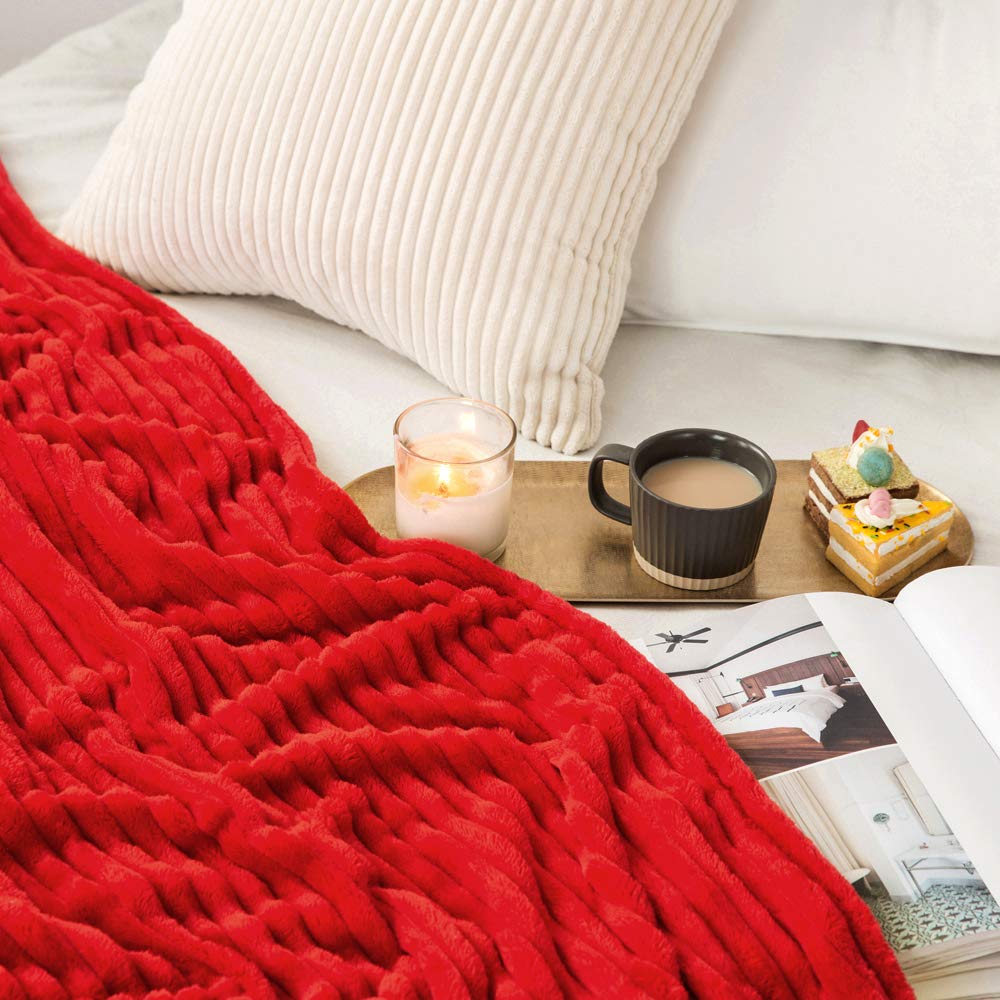MIULEE Red Fleece Throw Blanket for Couch 300GSM Super Soft Lightweight Plush Striped Blanket, Christmas Warm Cozy Breathable Ribbed Flannel Throws for Bed/Sofa, 50"x60"