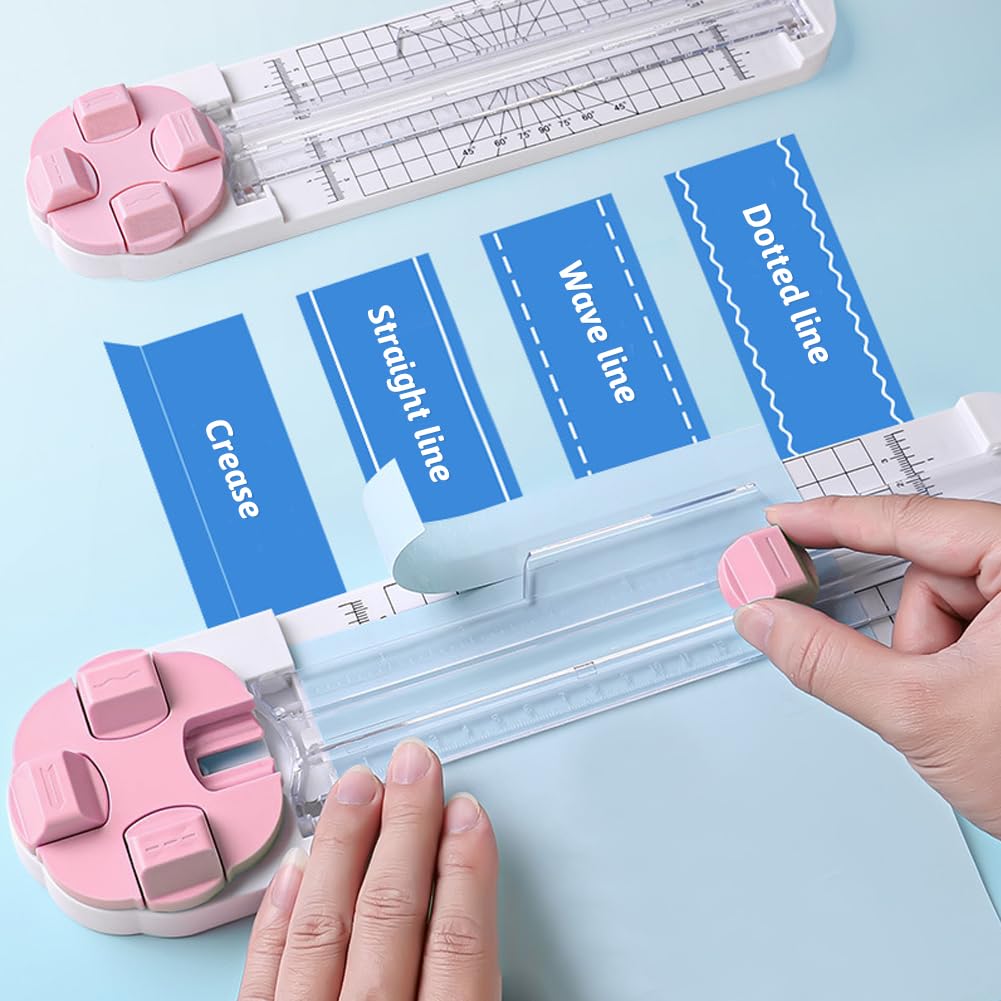 Paper Cutter,4-in-1 Paper Trimmer,Photo Cutter,Multi-Function Scrapbooking Tool with Dial Blades of Straight,Wave,Perforated,Creasing for Cutting Paper,Coupons,Postcards,Card (Pink)