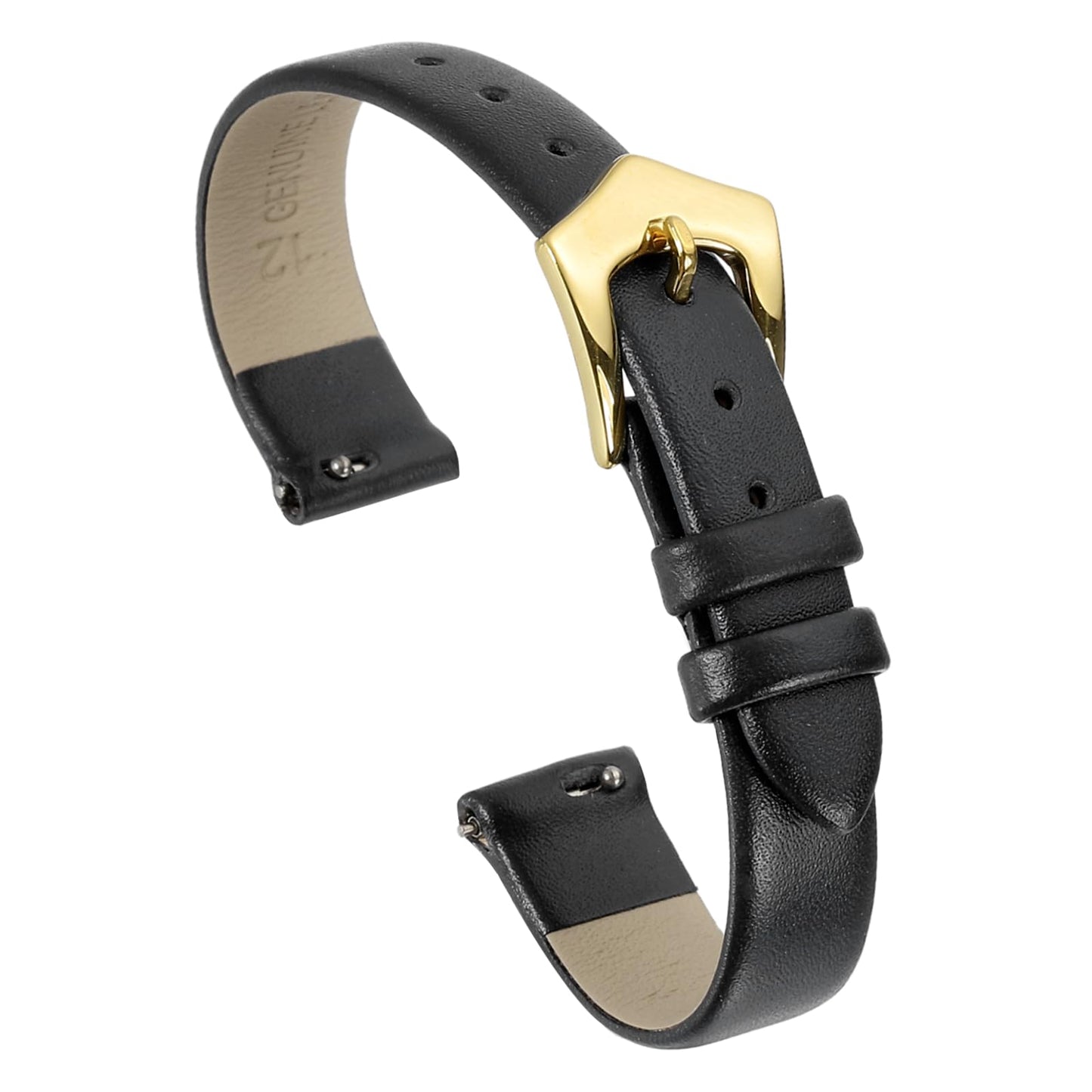 uxcell 12mm Black Genuine Leather Watch Bands, Quick Release Flat Thin Elegant Leather Watch Strap Wristband Replacement Bands with Gold Stainless Steel Buckle for Women