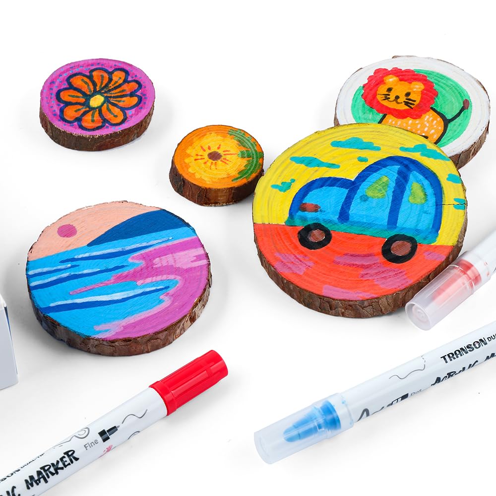 TRANSON 24 Color Bold and Fine Dual-tip Acrylic Paint Pen Set for Canvas Rock Wood Leather Ceramic DIY Painting