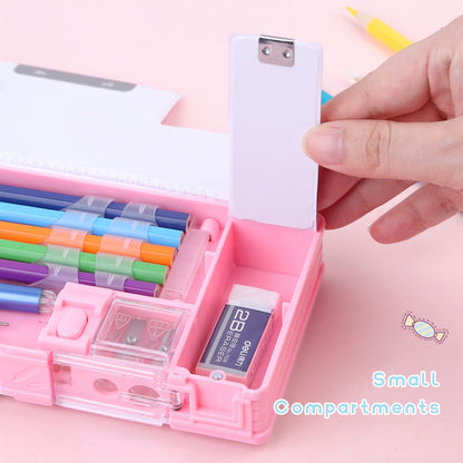 LilyBeauty Pop Up Multifunction Pencil Case for Girls and Boys, Cute Cartoon Pen Box Organizer Stationery with Sharpener, Schedule, School Supplies, Best Birthday Gifts for Kids【Pink-Bear】