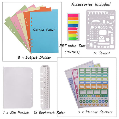 HXRTANGS A5 Refillable Notebook, Ring Binder Journal Personal Organizer with Lined Paper + Planner Stickers + Subject Dividers + Index Tabs + Bookmark Ruler + Zip Bag + Stencil, Navy Blue