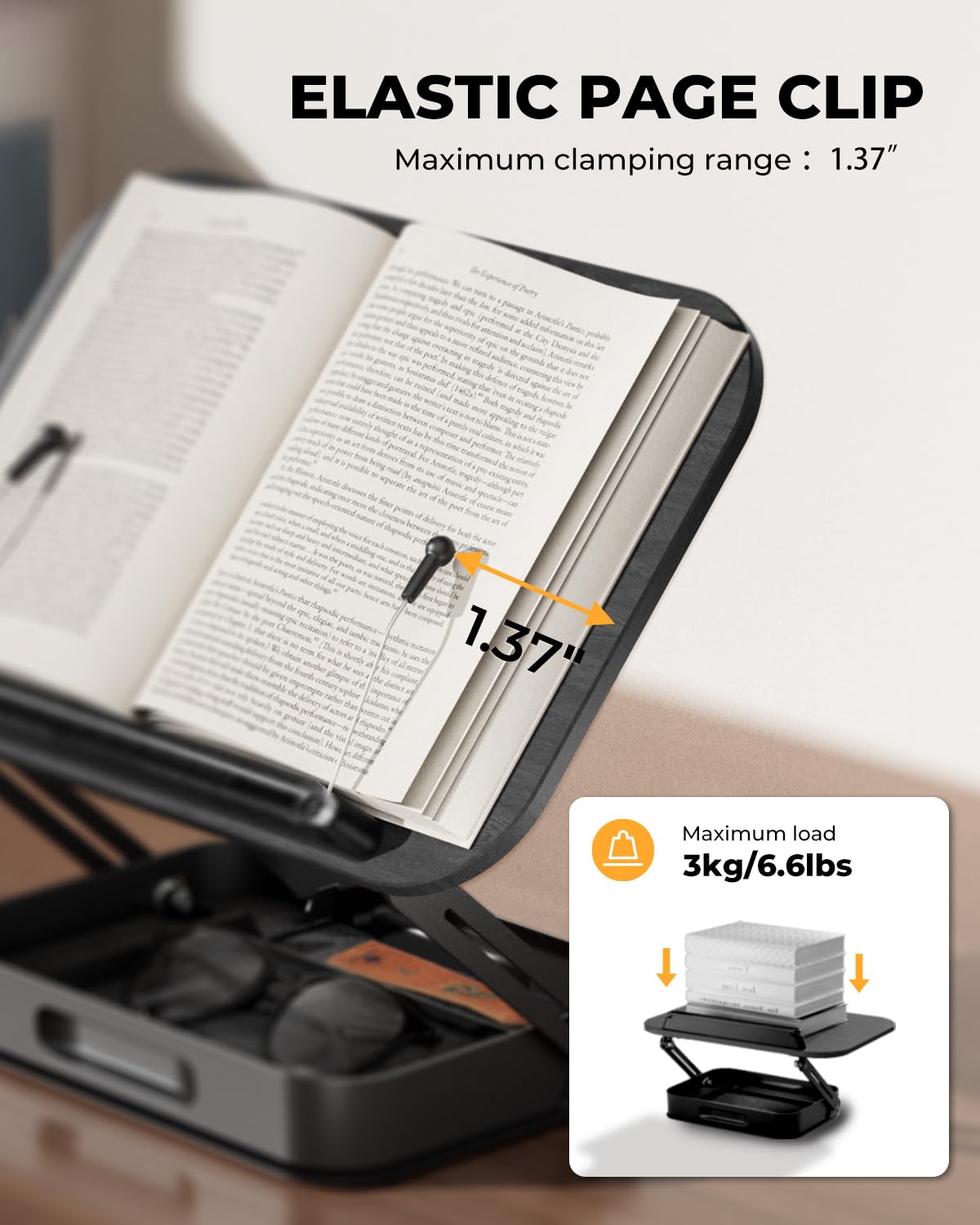 Adjustable Book Stand with Storage Drawer, 360° Rotating Book Holder, Height & Angle Adjustable, Extra-Wide Page Clips for Thick Books, Wood & Aluminum Book Stand for Desk, Study, Kitchen