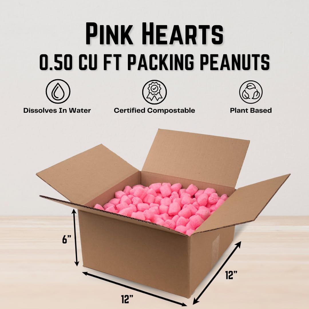 Magicwater Supply - .5 Cu Ft - Pink Heart Shaped Recycled Anti Static Packing Peanuts - Compostable & Biodegradable Cushion for Shipping - Dust-Free & Abrasion Resistant - Void Filler