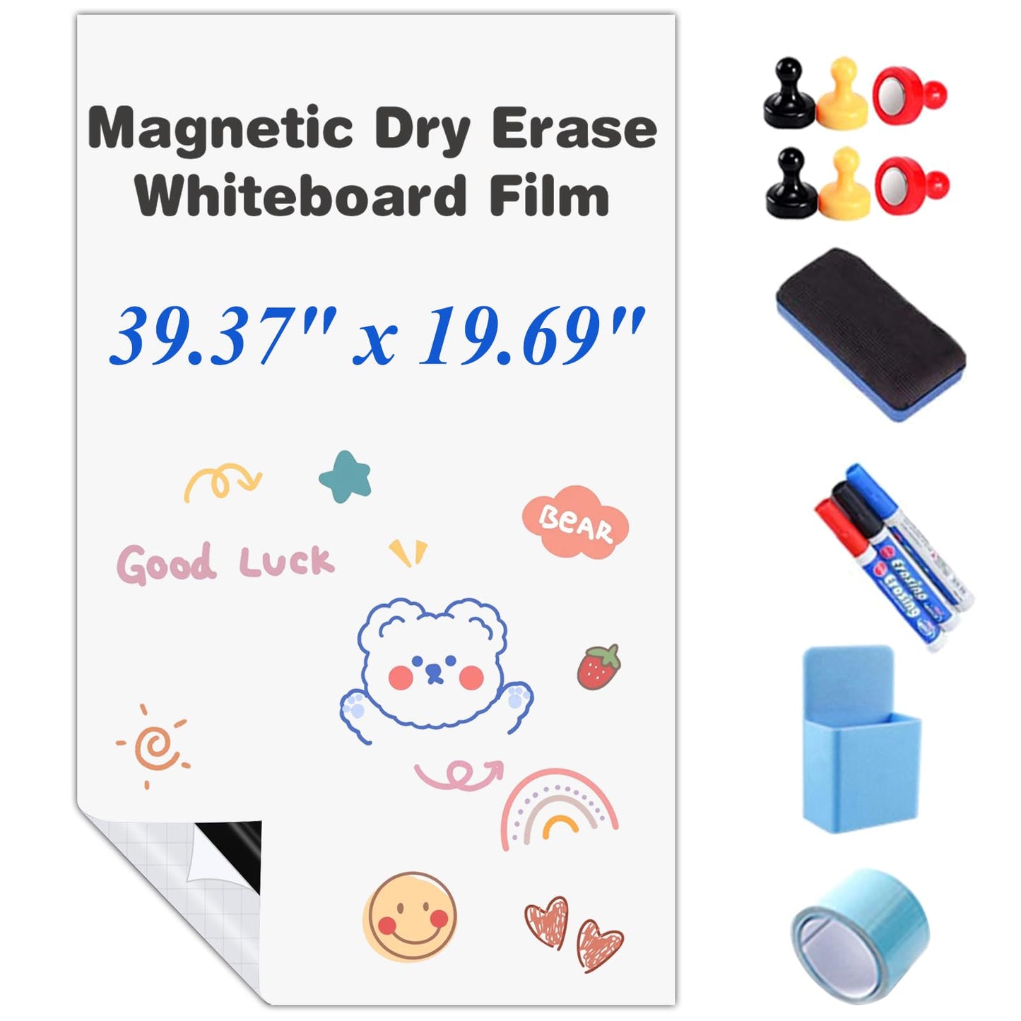 Self-Adhesive Dry Erase Whiteboard Sticker, 39.37" x 19.69" Magnetic Receptive White Board Wall Film, No Ghosting, Easy Write & Clean | Peel & Stick for Office, Home & Classroom,Incl. Accessories