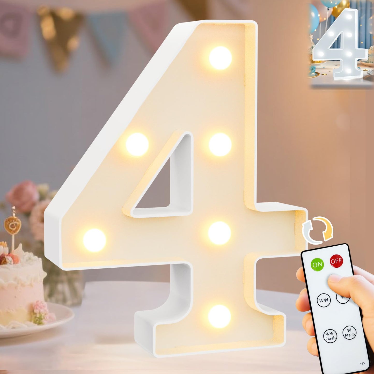 Pooqla LED Light Up Numbers, Marquee Number with Remote for 4th Birthday Decoration, Lighted Numbers Gift for Boys Girls Party Backdrop Wedding Anniversary Decor, Warm White and Cool White Number 4