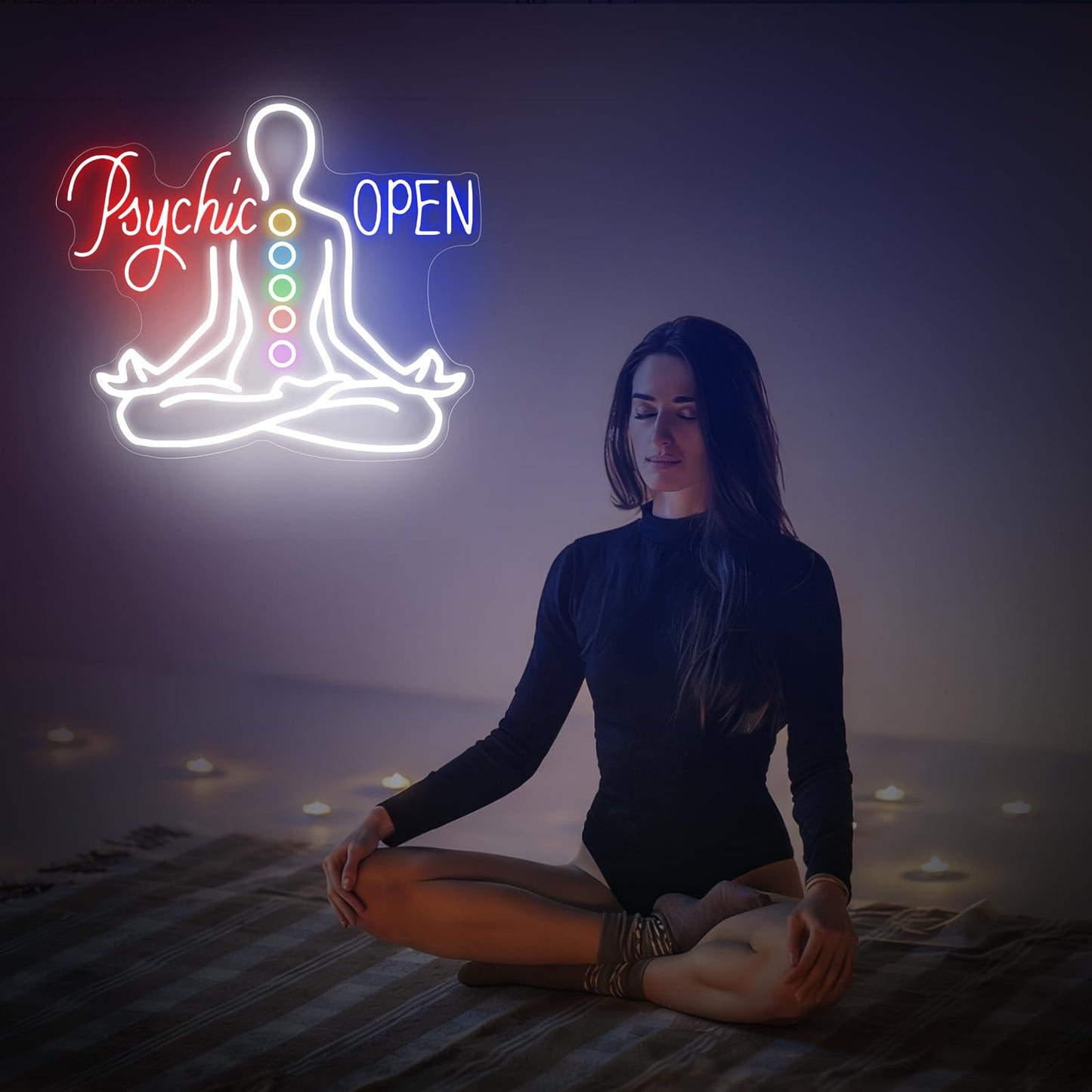 Psychic Open Neon Sign Charka Neon Light, Yoga Led Sign, Exercise Room Wall Decor, Buddha Lotus, Pilates Studio Art Meditation Room Wall Art Yoga Lover Gift, Psychic Chakras Healing Exercise, 20"*x17.3"