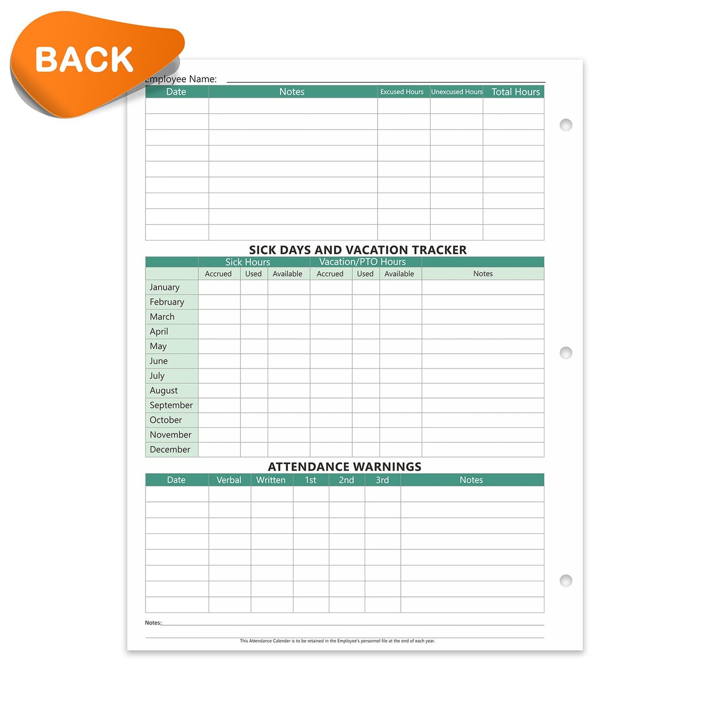 VistaRise 2026 Attendance Calendar, Employee Work Tracker Attendance Calendar cards - 3-Hole Punched for Binder, Cardstock, 8.5 x 11 in (Letter Size), Pack of 25 Sheets, Green
