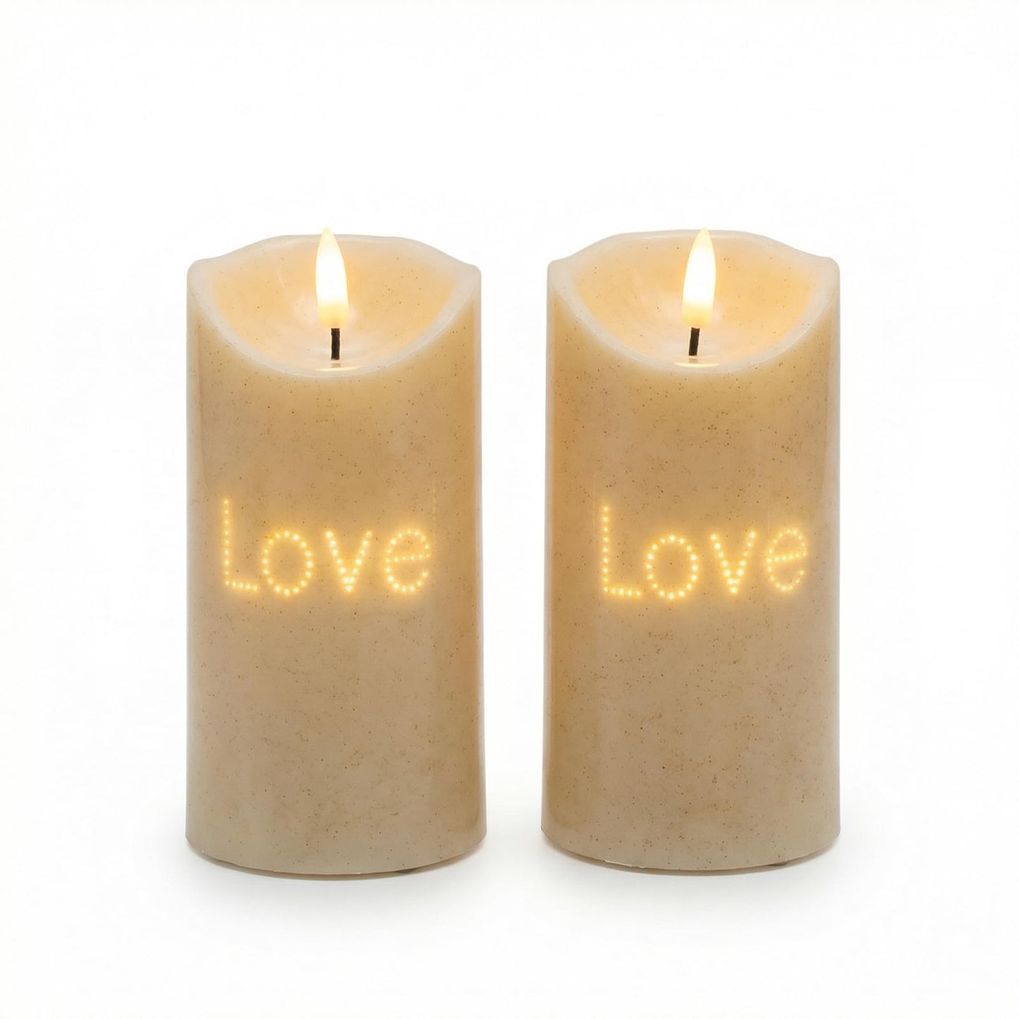 BAIRAYEN Love Flameless Candles 2-Pack, Fiber Optic Fake Candles with Timer, Warm White Battery Operated LED Lights 6" Tall for Wedding, Valentine, Anniversary, Christmas Table Decor
