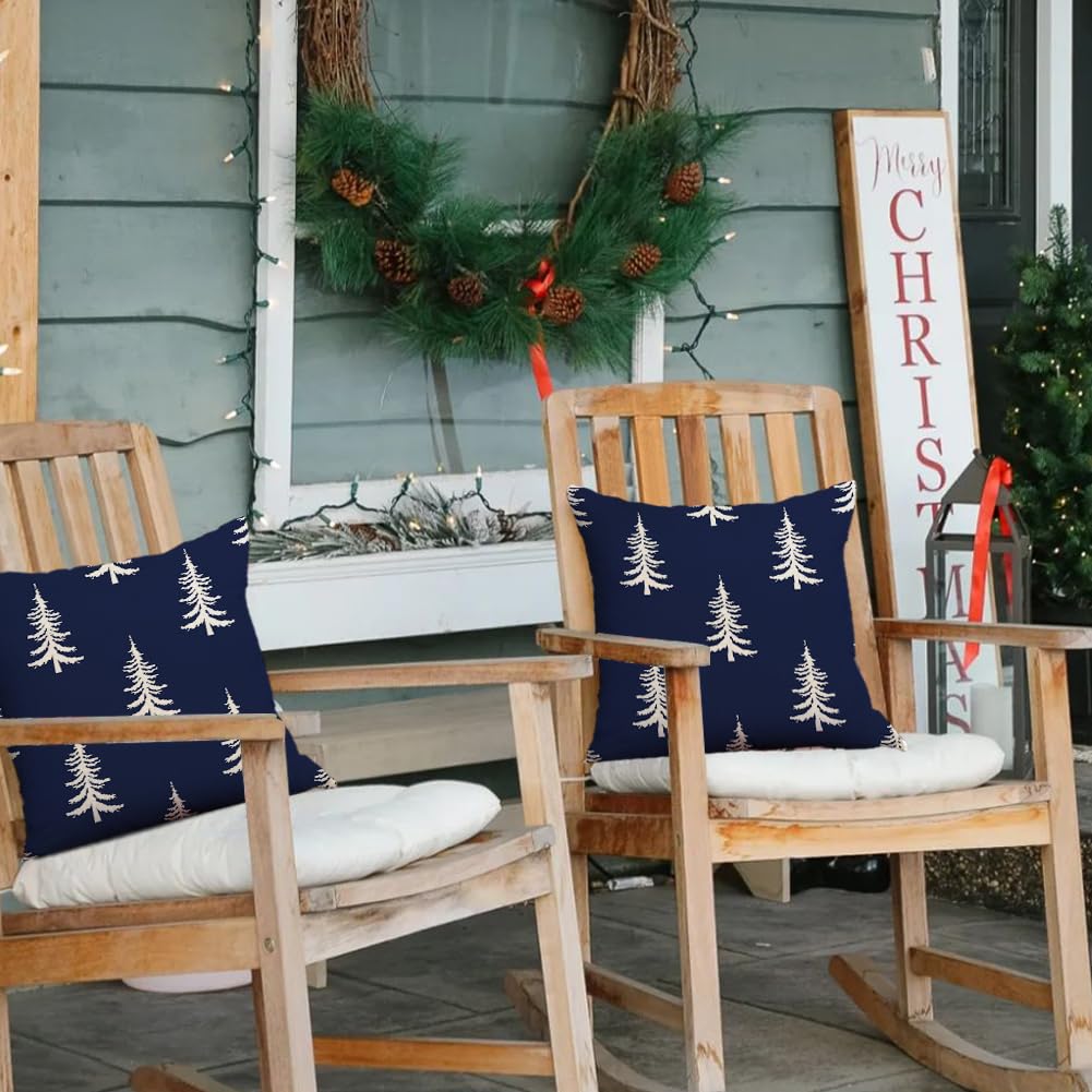 RABUSOFA Christmas Pillow Covers 18x18 inch Set of 2 Indoor Outdoor Waterproof Christmas Decor Tree Decorative Throw Cushion Cases Winter Xmas Holiday Decoration for Couch Patio Dark Blue