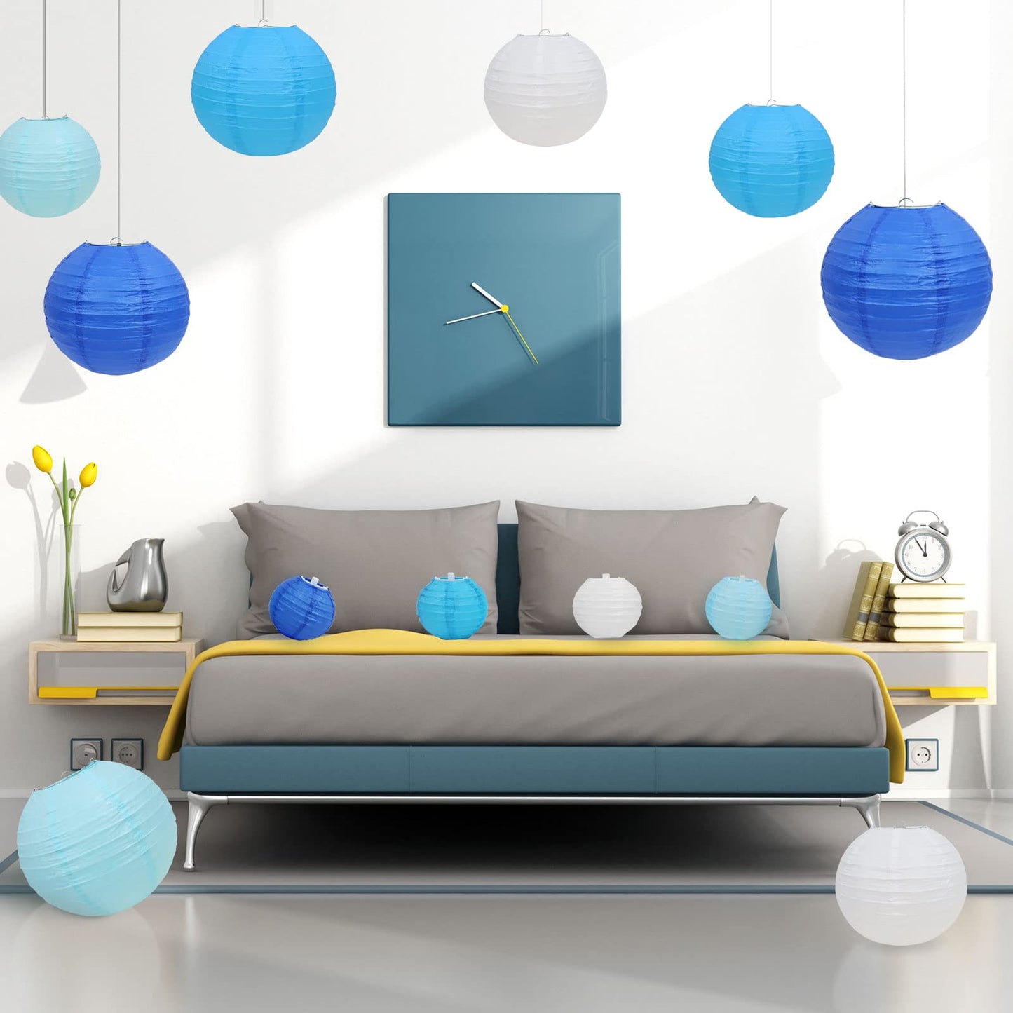 LURICO 16 Pcs Blue/White Paper Lanterns (Size of 4”, 6”, 8”, 10”) - Chinese/Japanese Paper Hanging Decorations Ball Lanterns Lamps for Home Decor, Parties, and Weddings