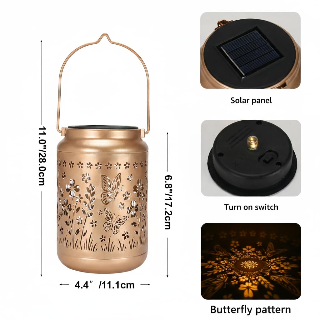 Lyeasw Garden Decor Butterfly Solar Lanterns Waterproof, Christmas Garden Gifts for Women Mom Grandma, Hanging Solar Lights for Outside, Metal Outdoor Decorations for Patio, Yard, Pathway(Bronze)
