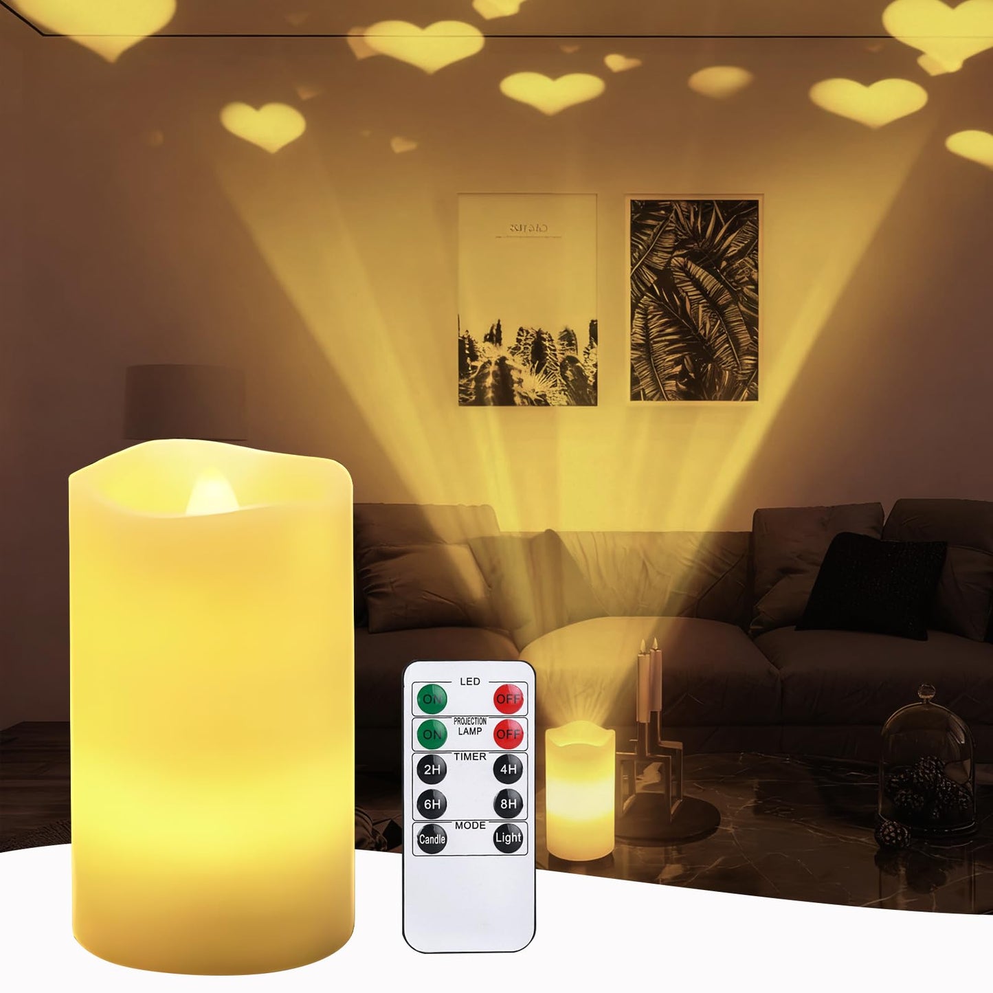 AVEKI Heart Flameless Candles Projector, Valentine's Day LED Pillar Candles with Remote and Timer, Battery Operated Romantic Projection Light for Wedding Home Decor, Gifts for Women (Love-White)