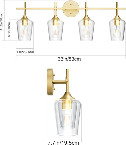 Ralbay 4-Lights Gold Vanity Light Fixture Vintage Gold Vanity Lights Wall Lighting Clear Glass Gold Bathroom Light Fixtures Over Mirror
