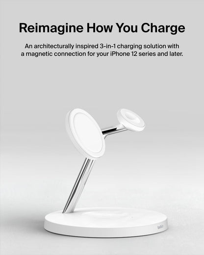 Belkin MagSafe-Compatible Charger, 3-in-1 Wireless Charging Station, Qi2-Certified 15W Wireless Charge for Apple iPhone 17 Series, Apple Watch, AirPods w/Non-Slip Base, 40W Included - Black