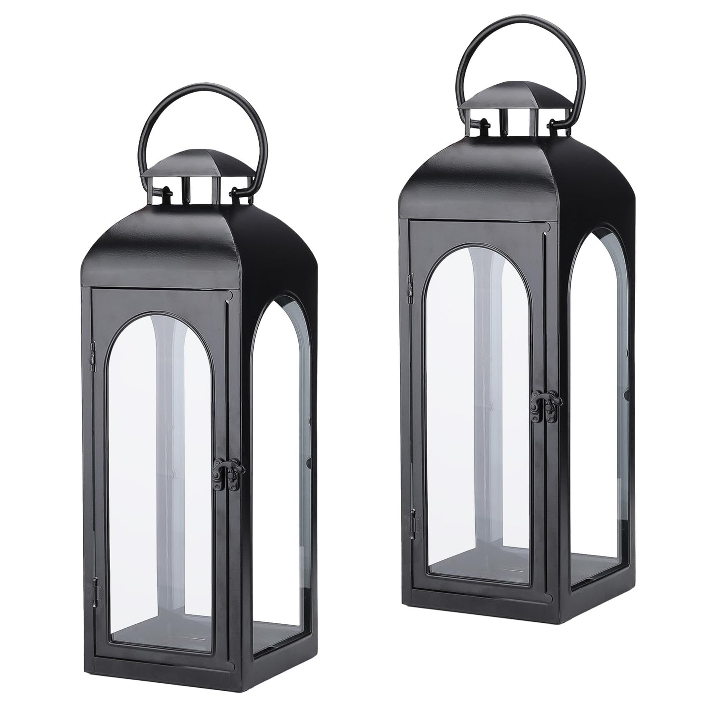 Bdor 2 Pack Luxury Black Metal Lanterns – 16" Tall Modern Hurricane Candle Lanterns with Tempered Glass Panels for Front Porch, Tabletop, Mantel, Wall Hanging, Garden, Indoor & Outdoor Décor