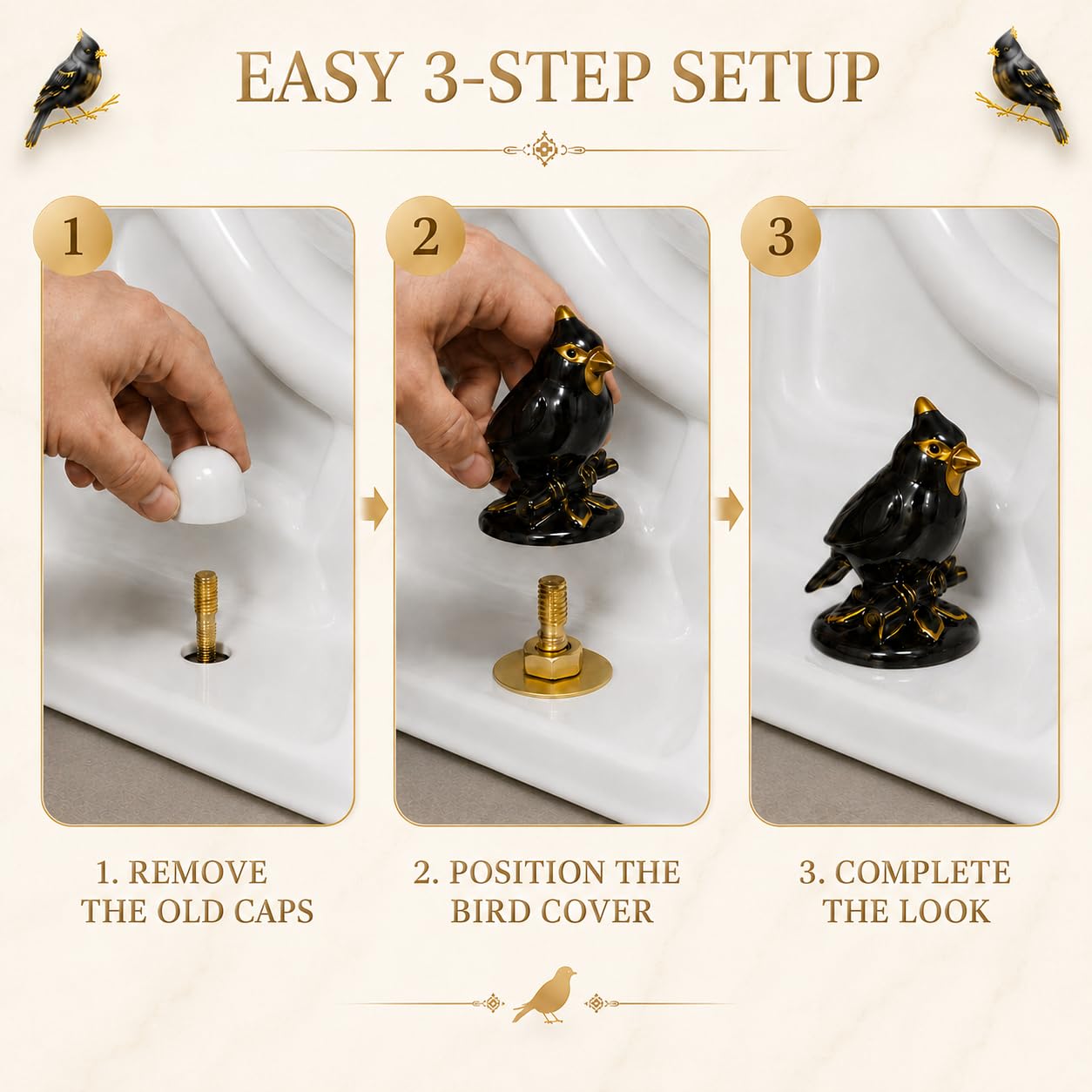 Cardinal Bird Toilet Bolt Covers, 2 Pcs Matte Black Ceramic Toilet Screw Cover Caps with White Floor Bolt Caps & Washers, Gothic Bathroom Decor