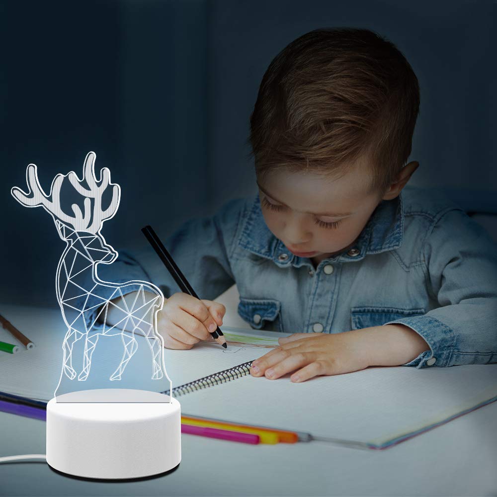 3D Illusion Toys Night Lightfor Kids, AKIVIDA 3D Christmas Deer Light Three Pattern Decor Lamp Best Gifts for Boys Girls on Birthday Graduation Festival Halloween Christmas