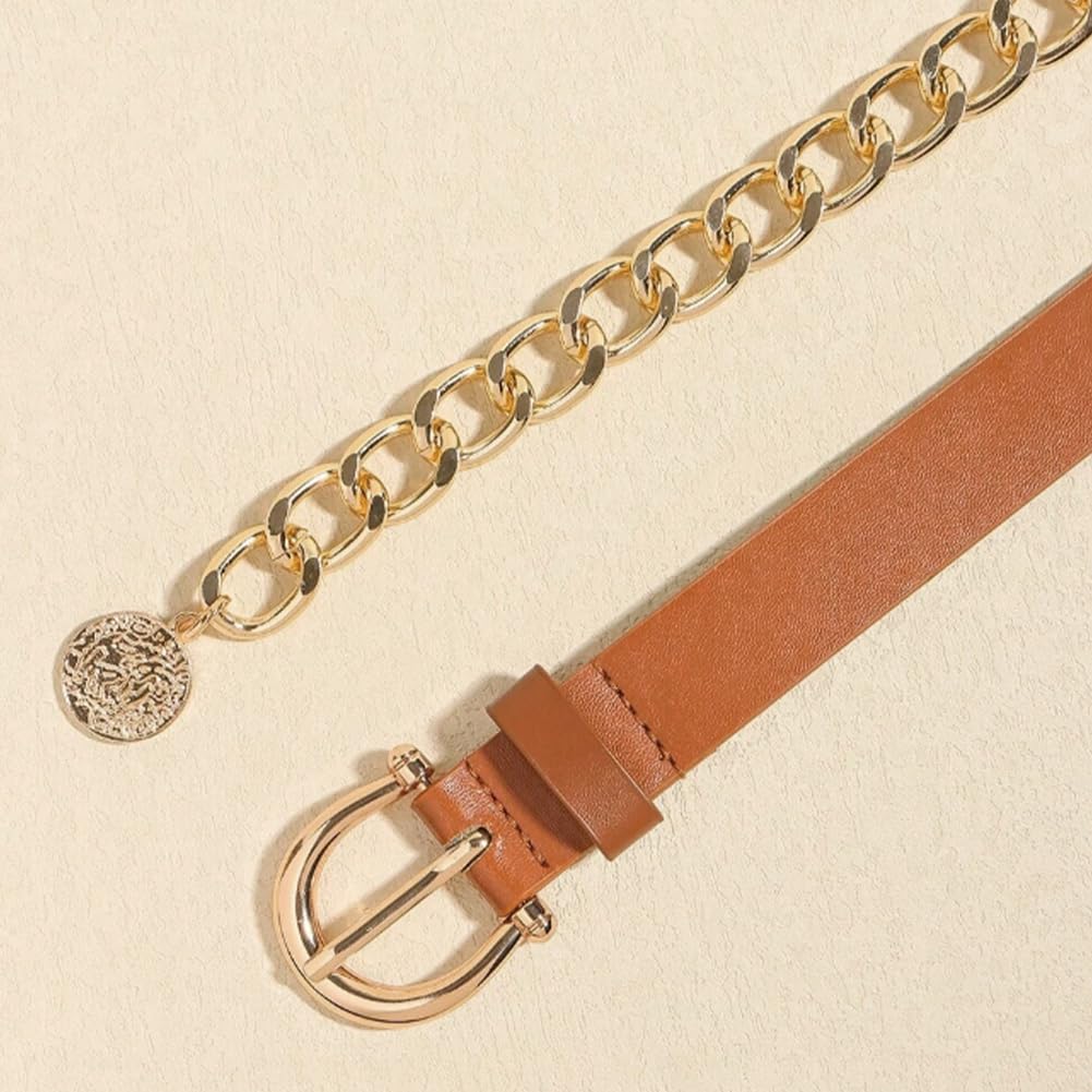 Heyjoin Waist Chain belts for Women Metal Body Waist Belt Chunky Leather Belly Link (Buckle Leather Camel-M)