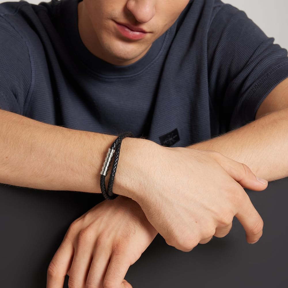 Calvin Klein Jewelry Men's Braided Leather Bracelet, Color: Black (Model: 35000093)