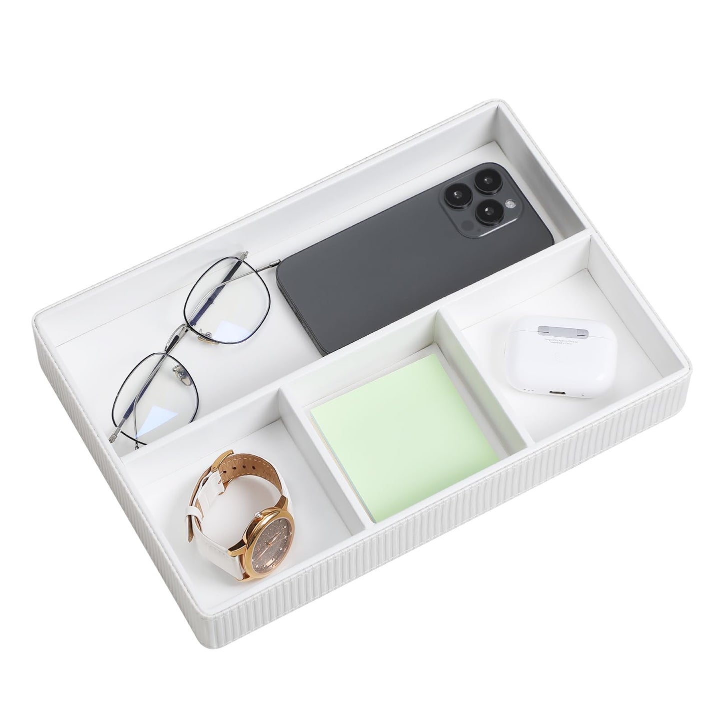NICLNGSH PU Leather Valet Tray, Decorative Trinket Vanity Desk Drawer Organizer Tray, Perfume Dish Catch All Bowl for Keys, Nightstand Drawer Organizer Women Men with 4 Compartments (Cream-White)