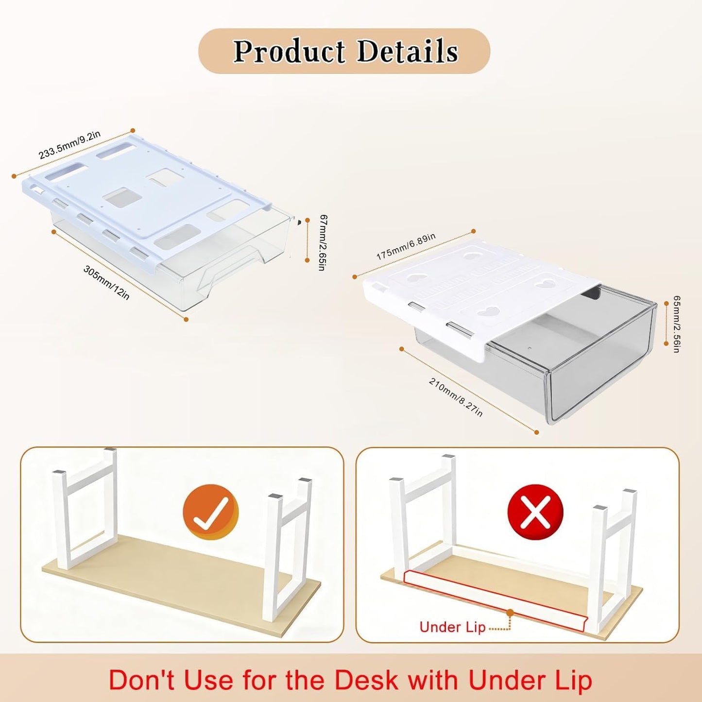 2 Pair Super Capacity 11.85 "x 8.9" Under Desk Drawer Hidden Strorage Drawer Self-Adhesive Slide Out with Smooth Gliding Motion - Attachable & Space-Saving Under Desk Organizer with Screw Kit, Clear