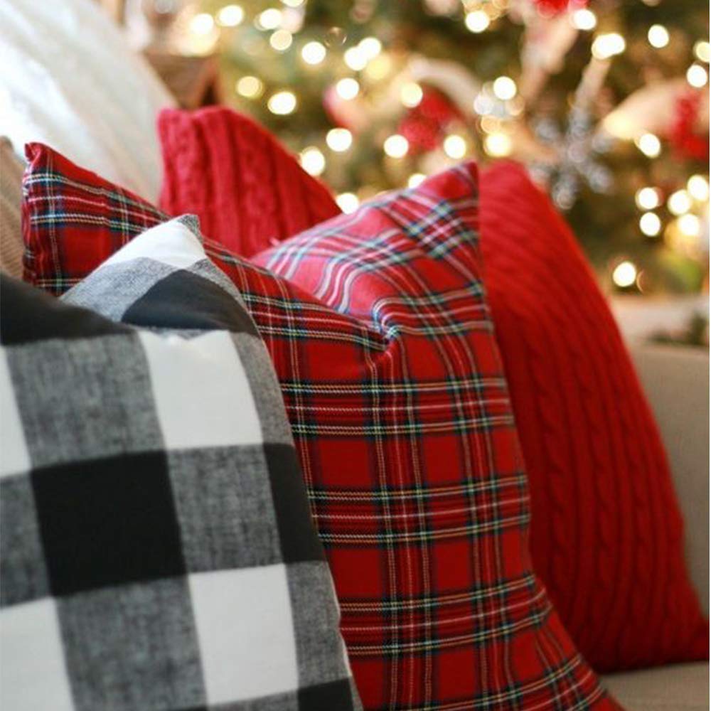 4TH Emotion Set of 2 Christmas Scottish Tartan Plaid Throw Pillow Covers Cushion Case Polyester for Farmhouse Home Decor Red and Green, 18 x 18 Inches