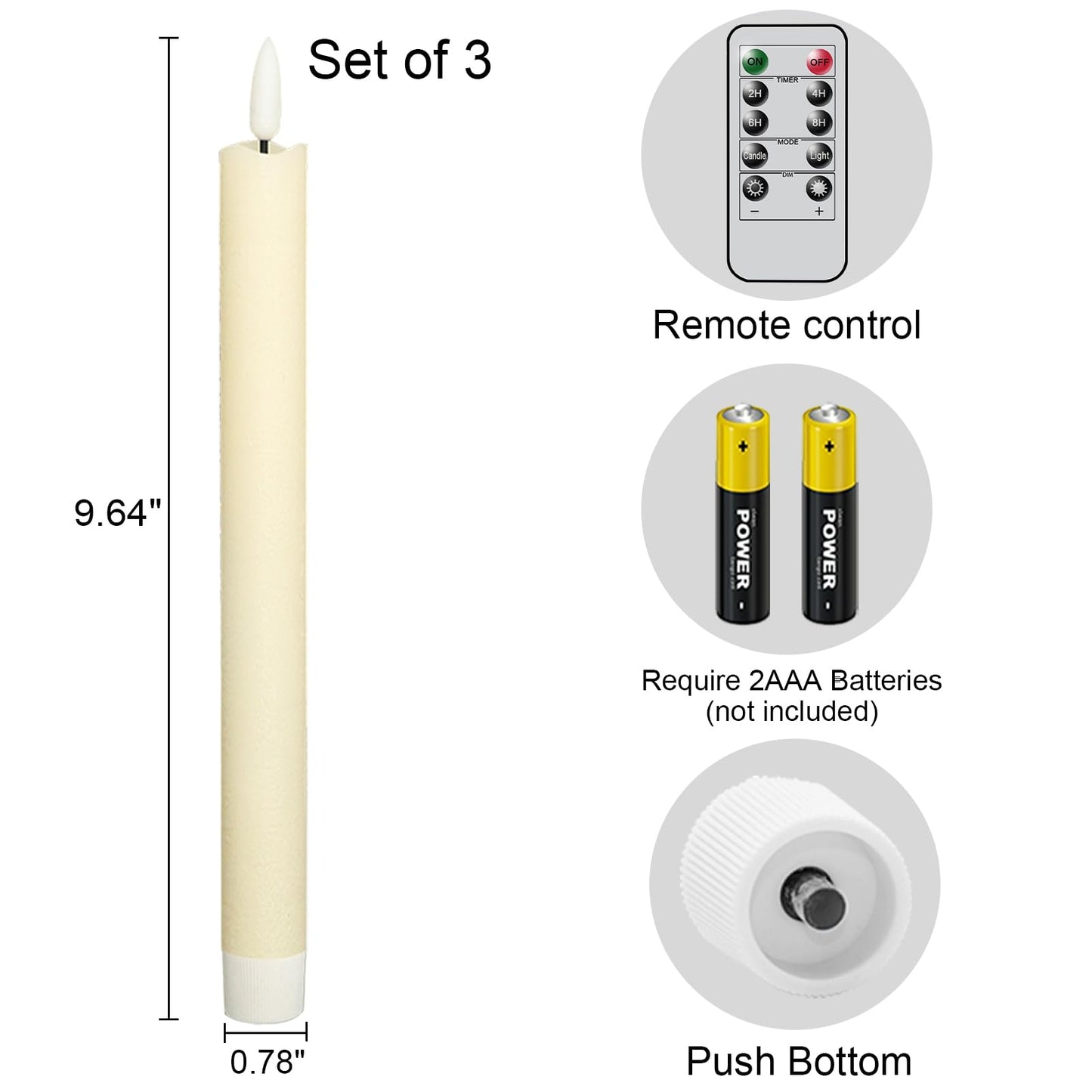 KunSwenn Taper Candles Battery Operated with Remote Timer, with Remote Timer Flameless Taper Candles, LED Flameless Candlesticks for Halloween Christmas Home Decor(Set of 3, 0.78” x 9.65”)