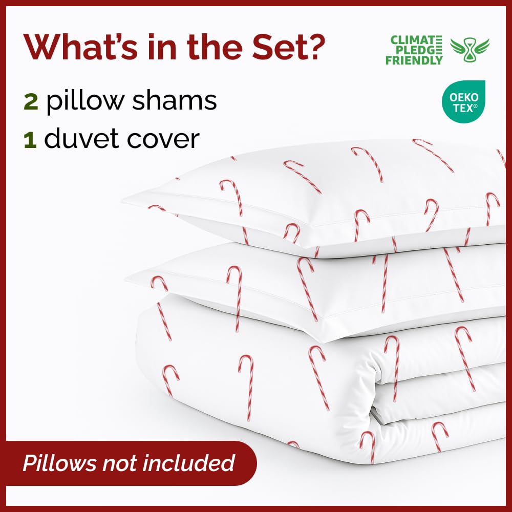 Christmas Duvet Cover Queen Size Set - Extra Soft Queen Duvet Cover with 2 Pillow Shams - Holiday Xmas Bedding with Zipper Closures & Ties - Comfy, Snug & Cozy Breathable Bed Set - 90 x 90, Candy Cane