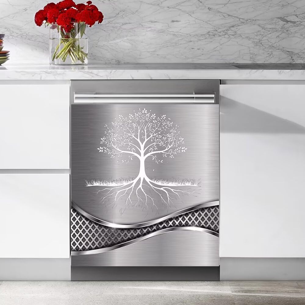 Imitation Stainless Steel Design Tree Painting Dishwasher Magnetic Cover Sticker Refrigerator Door Panel Fridge Appliance Magnet Decal Sheet Kitchen Decor 23x26 inch