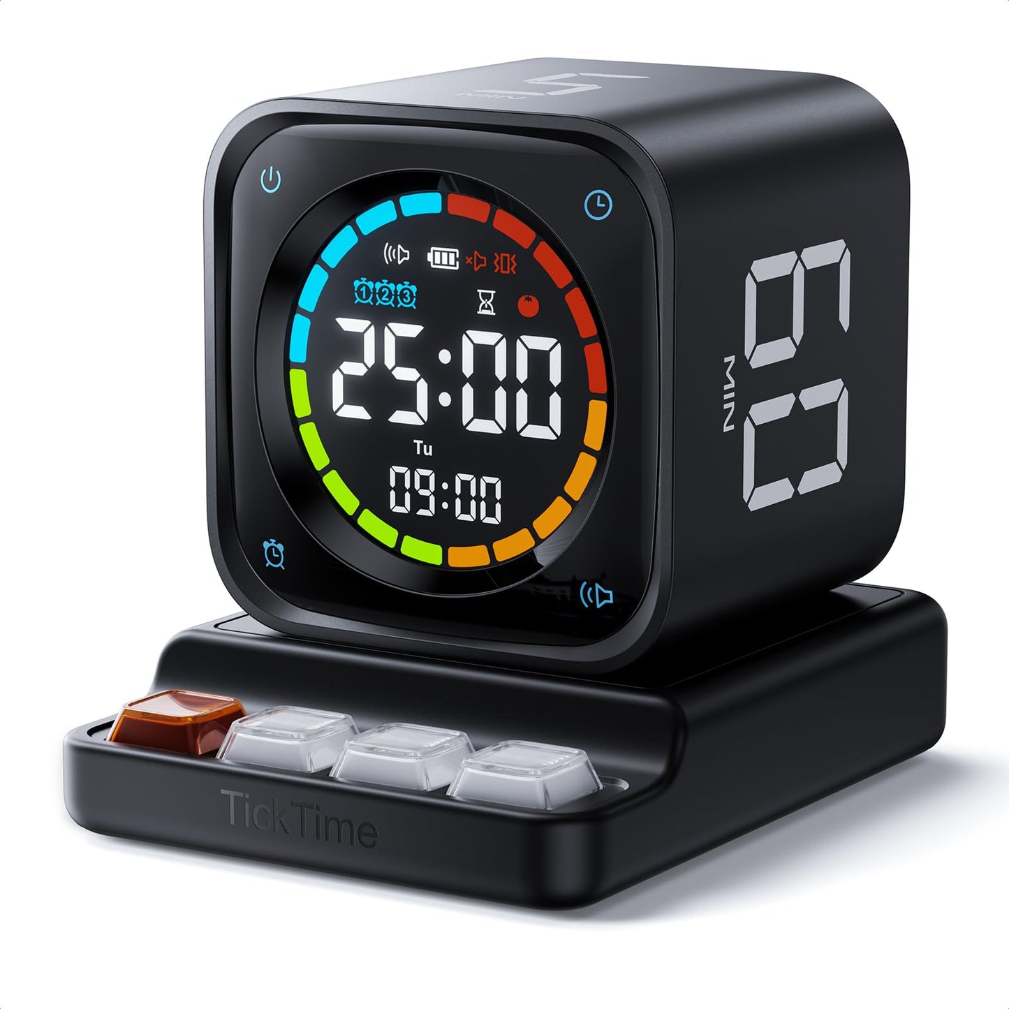 TK3 Pomodoro Timer Cube, Desk Productivity Timer with 5/10/30/60 Min Presets, Custom Countdown, Stopwatch, Clock, 3 Alarm, Silent, Vibrate & Sound Mode, for Task, ADHD, Study, Kitchen,Obsidian Black