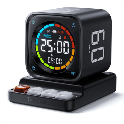TK3 Pomodoro Timer Cube, Desk Productivity Timer with 5/10/30/60 Min Presets, Custom Countdown, Stopwatch, Clock, 3 Alarm, Silent, Vibrate & Sound Mode, for Task, ADHD, Study, Kitchen,Obsidian Black