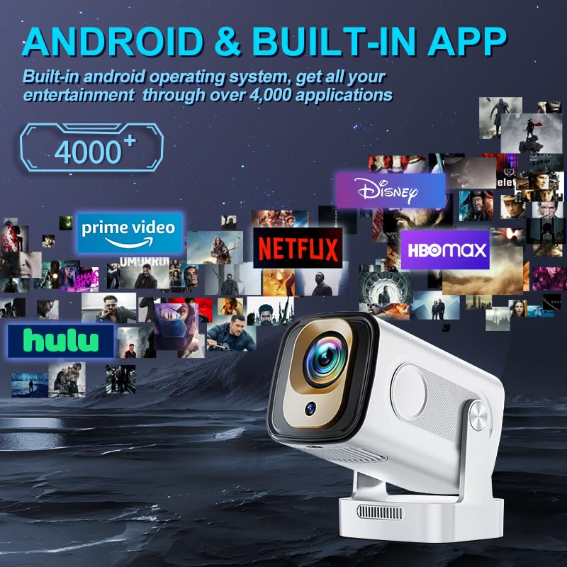 Mini Projector 1080P with WiFi 6 and Bluetooth 5.4, 4K Full HD Projector Features Auto Focus & Keystone, Portable Projector Built-in App Support 270° Rotatable, Compatible with Phone/HDMI/USB - White