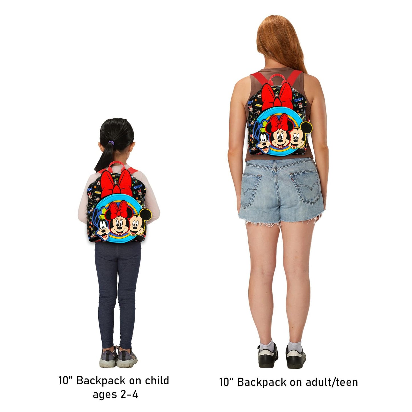Disney Mini Backpack - 10" Exclusive Mickey, Minnie and Goofy Faux Leather Small Backpack with Front Pocket and Button Bundle | Adjusts to Fit Women, Teens, Girls, Kids