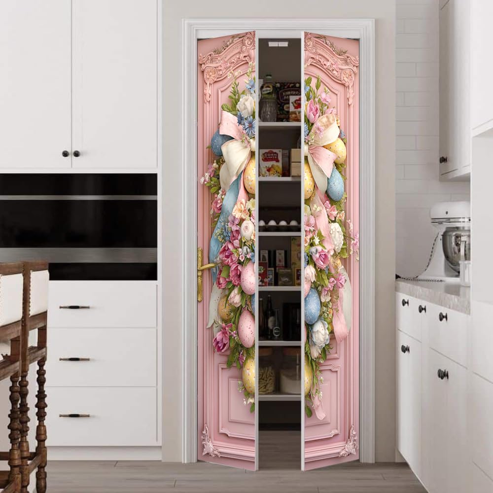 WDESYADMS PVC Self Adhesive Door Sticker 30.3x78.7 Inch Easter Eggs and Floral Bow Design Peel and Stick Decorative Door Decal for Bedroom Living Room Entryway Spring Home Decor