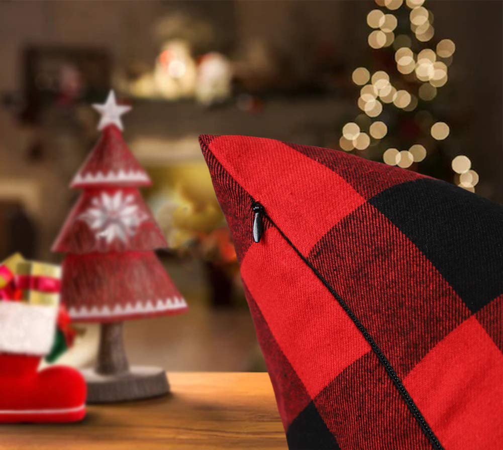 4TH Emotion Set of 2 Christmas Buffalo Check Plaid Throw Pillow Covers Cushion Case Polyester for Farmhouse Home Decor Red and Black, 18 x 18 Inches