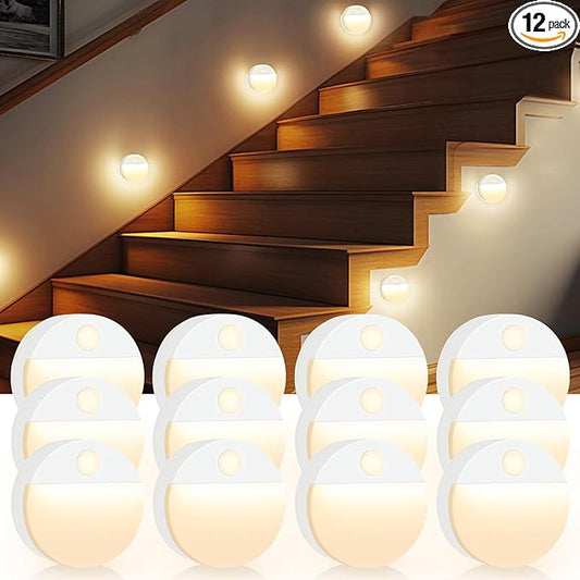 12 Pack Motion Sensor Stair Light for Indoor, Battery Operated Night Lights, Led Stick On Puck Lighting Closet Lamp, Motion Activated Lamps for Step, Cabinet, Hallway, Bathroom