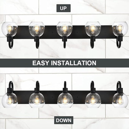 Bathroom Light Fixtures 5-Lights Matte Black Farmhouse Vanity Lighting with Seeded Globe Glass for Over Mirror