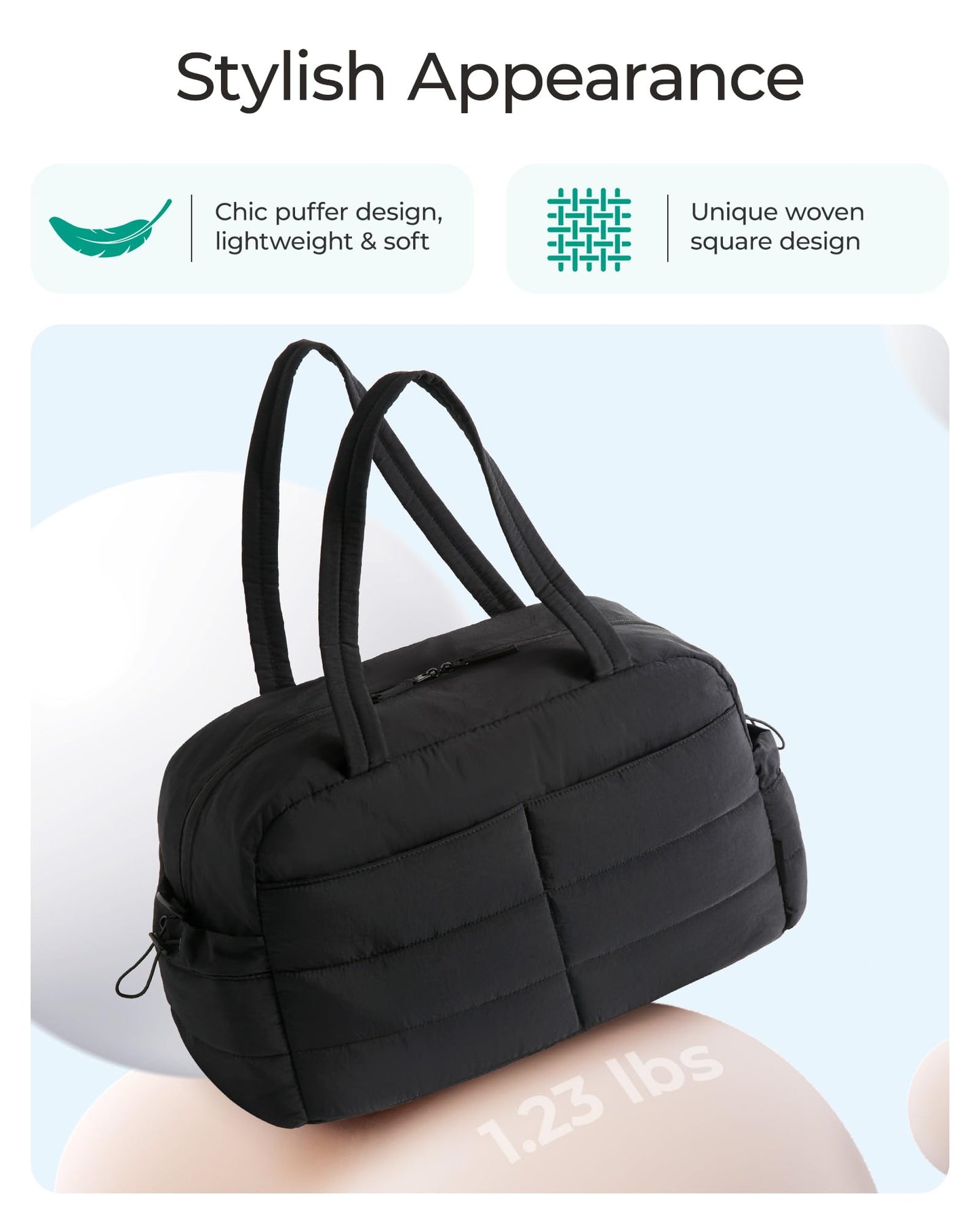 BAGSMART Gym Bag for Women, Lightweight Puffer Duffle Bag 2-PC Travel Bag, 31L Weekender Overnight Bag Quilted Carry On Tote Bag, Diaper Hospital Dance Bag for Travel, Gym, Water Resistant, Black