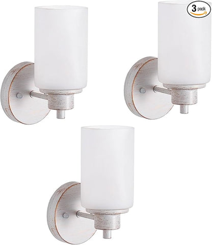 3 Pack Indoor Wall Sconces Lighting, Wall Mounted Bath Vanity Light Fixtures with White Frosted Glass Shade, White and Gold Color Bathroom Wall Lights for Bedroom Entryway