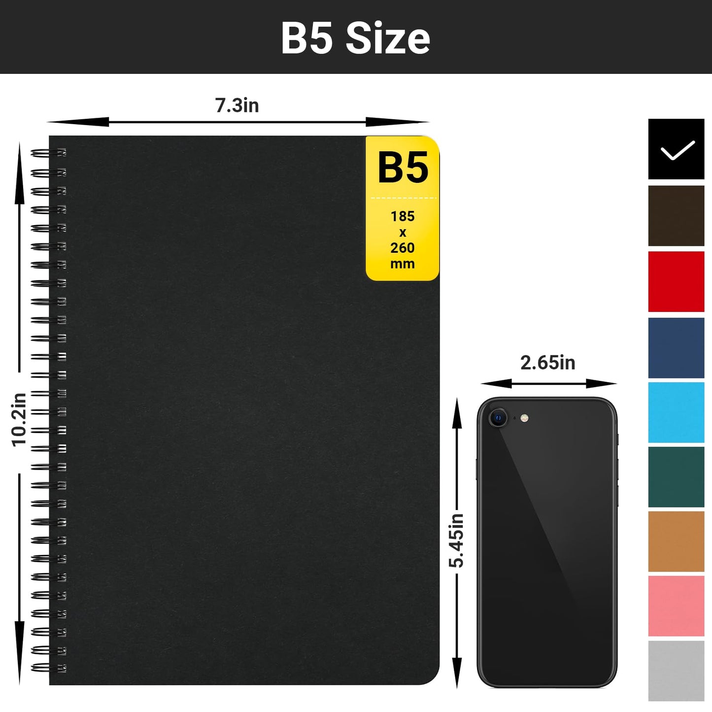EUSOAR College Ruled Spiral Notebook, B5 6Packs 7.3"x10.2" 120 Pages Black Hardcover Ruled Travel Writing Notebooks Journal, Memo Notepad Sketchbook, Students Office Business Subject Diary Book