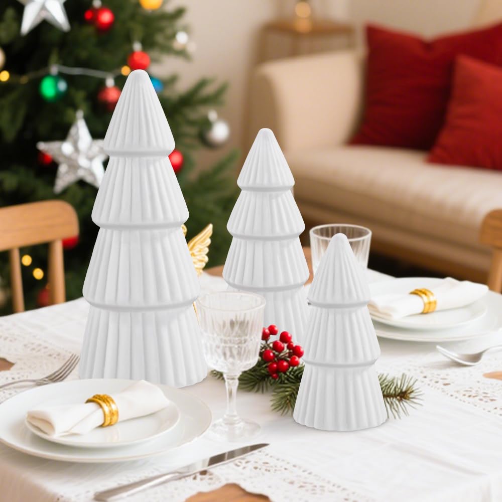 JOICEE 3 Pcs Velvet Ceramic Christmas Trees, Xmas White Modern Velvet Cone Tabletop Trees for Christmas Decorations Indoor Table Mantel Entryway Centerpieces Home Room Decor