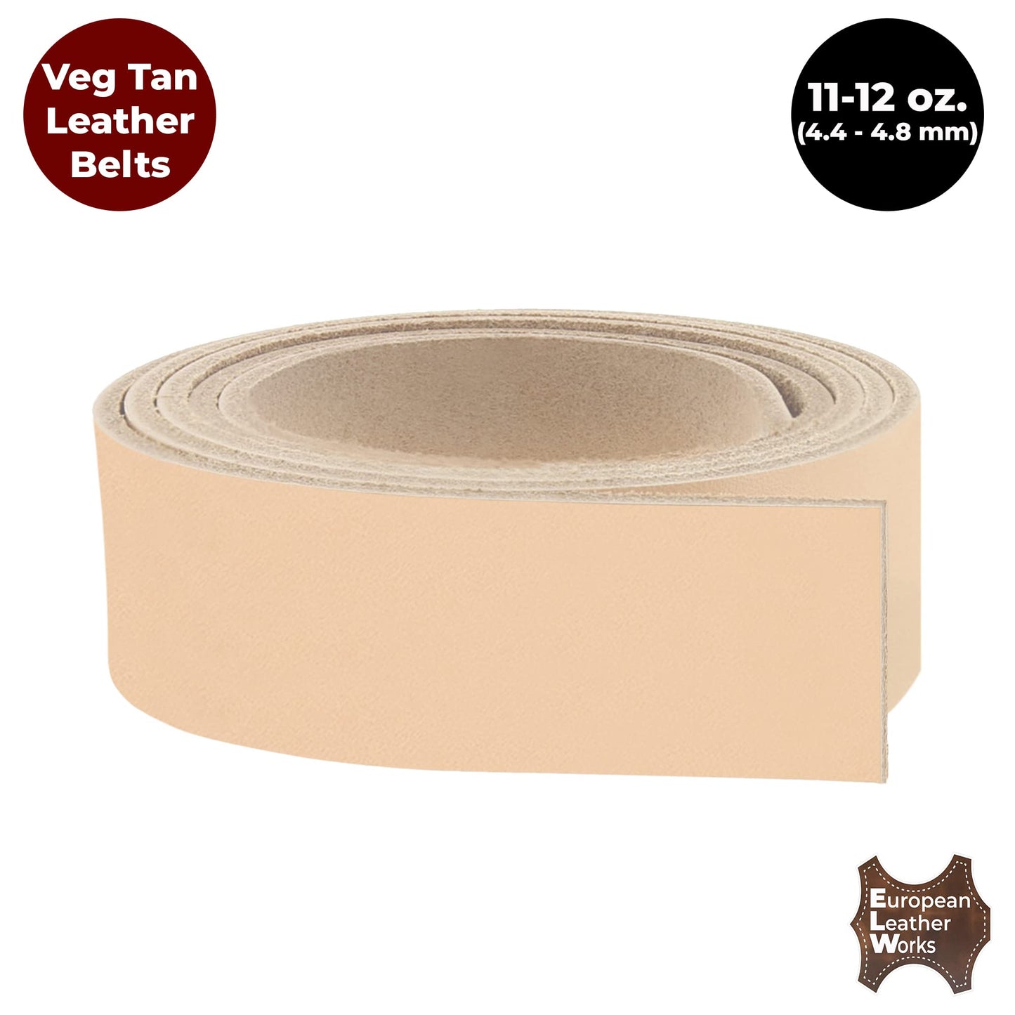 European Leather Works 11-12 oz. (4-4.8mm) Vegetable Tanned Leather Belt Blanks/Straps Size: 2-1/2"x50" (6.35x127cm) Full Grain Cowhide Tooling, Crafting, Knife Sheath, Furniture