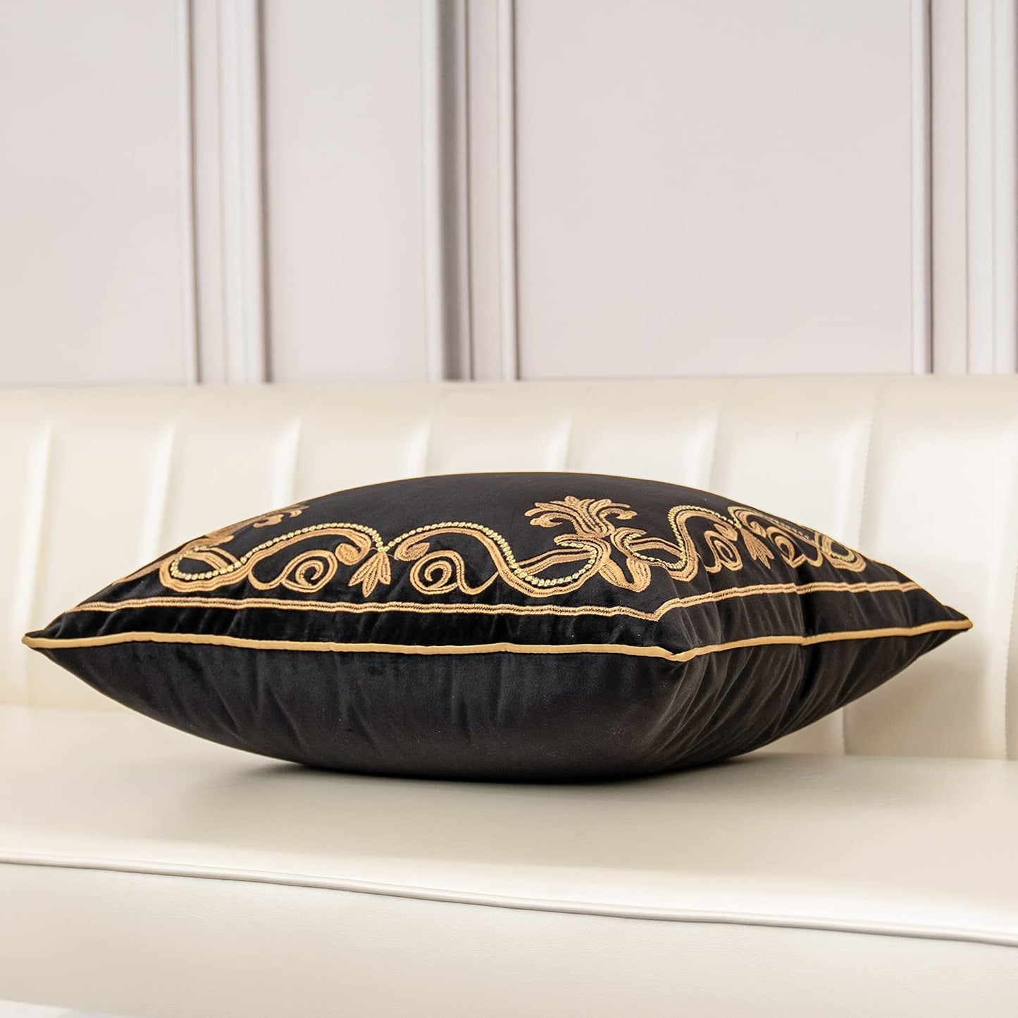 Aeckself Floral Pillow Cover 18x18 Inch, Velvet Embroidered Decorative Farmhouse Accent Throw Pillow Cover for Couch Bedroom Living Room, Black and Gold