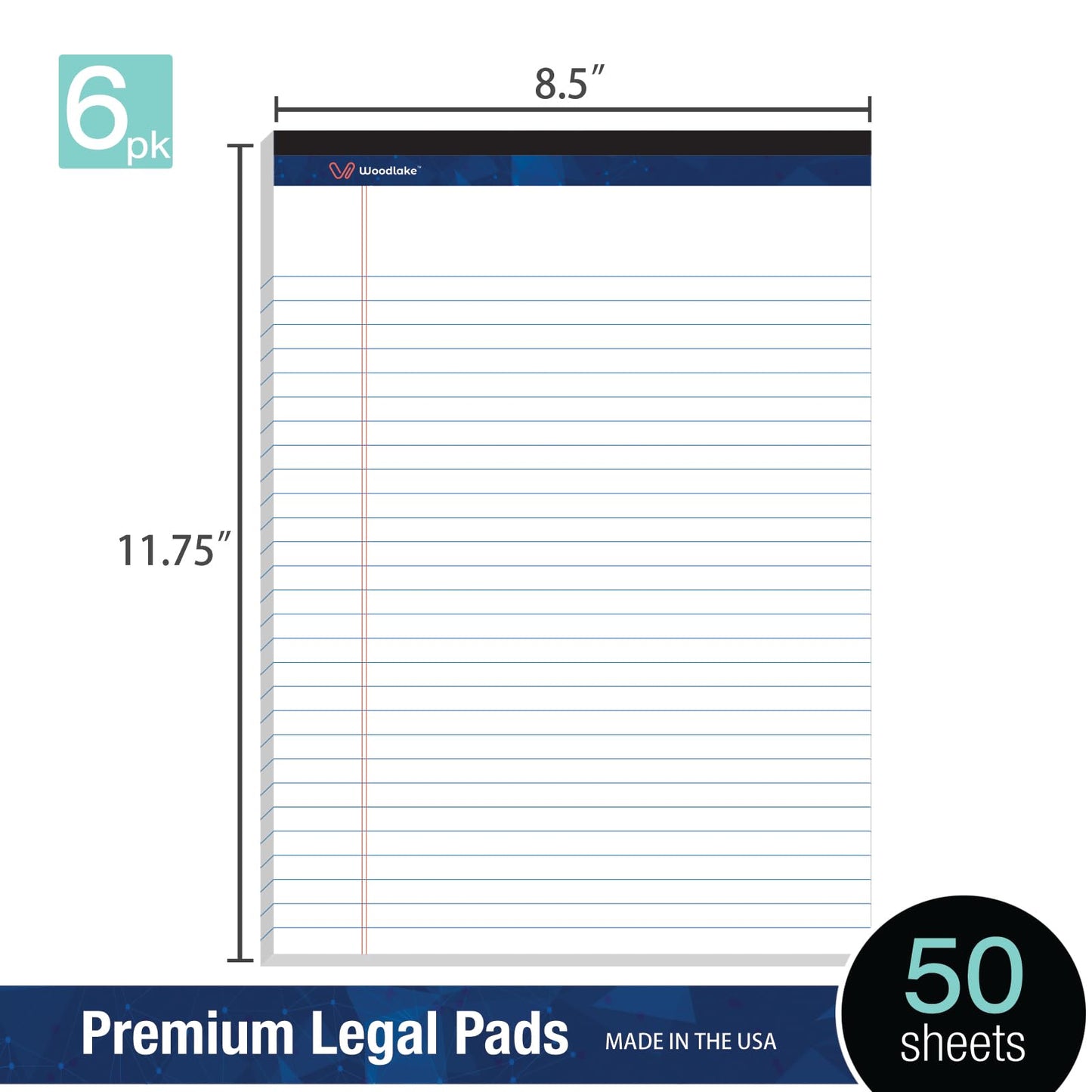 Woodlake Legal Pads 8.5 x 11, 6 Pack, Wide Ruled, Premium White Paper Pad No Ink Bleed, Micro‑Perforated, Sturdy Chipboard Back, 50 Sheets/Pad,for School, Office & Home, Made in USA