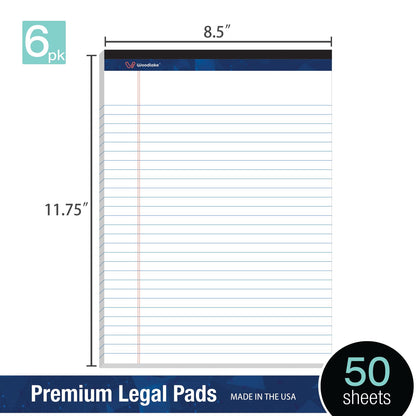 Woodlake Legal Pads 8.5 x 11, 6 Pack, Wide Ruled, Premium White Paper Pad No Ink Bleed, Micro‑Perforated, Sturdy Chipboard Back, 50 Sheets/Pad,for School, Office & Home, Made in USA